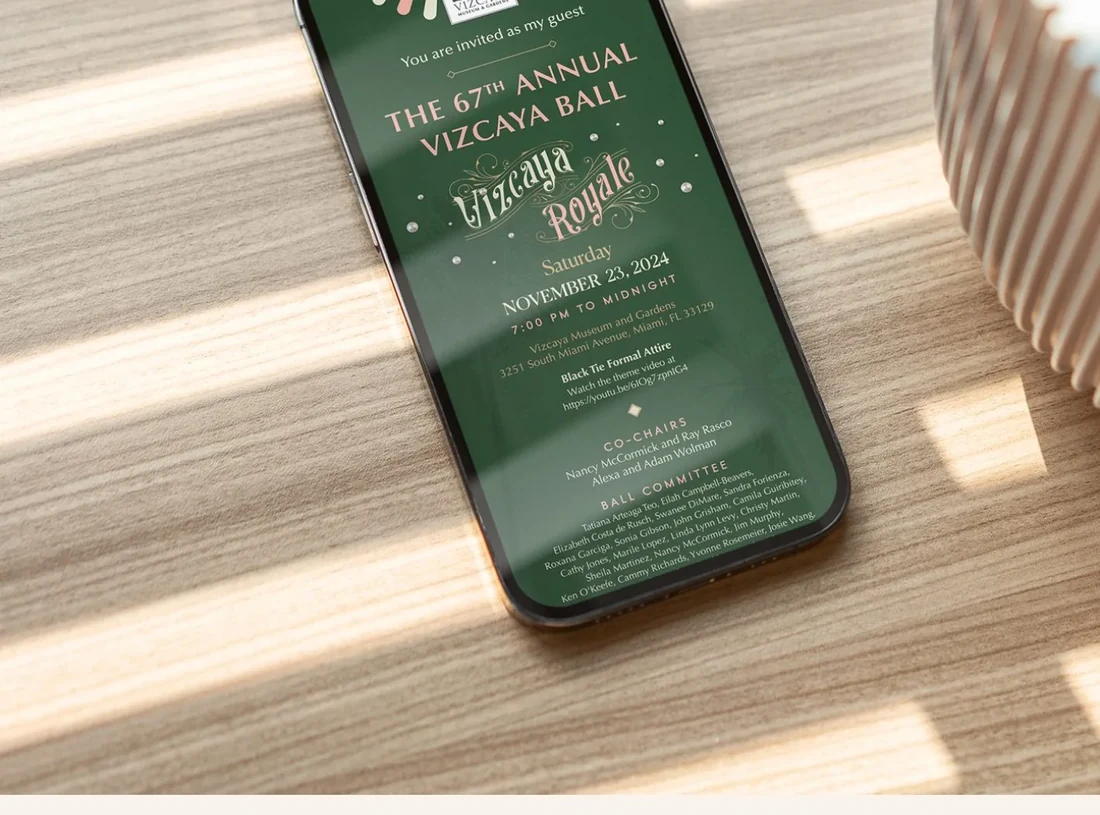 The 67th Annual Vizcaya Ball digital invitation shown on a phone