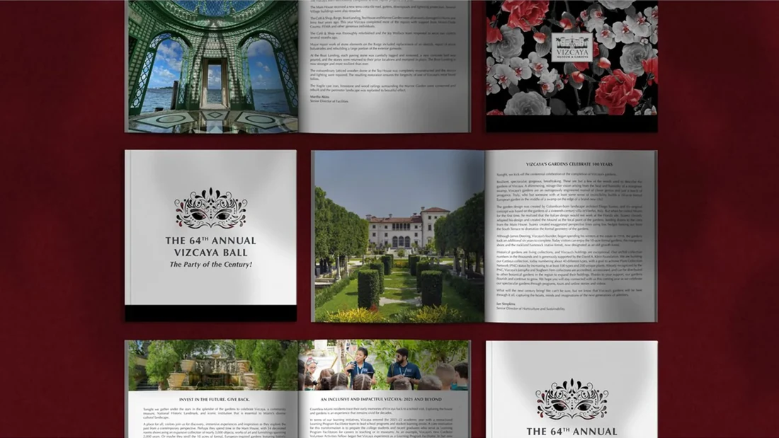 Vizcaya Ball gala identity and printed materials on a burgundy background