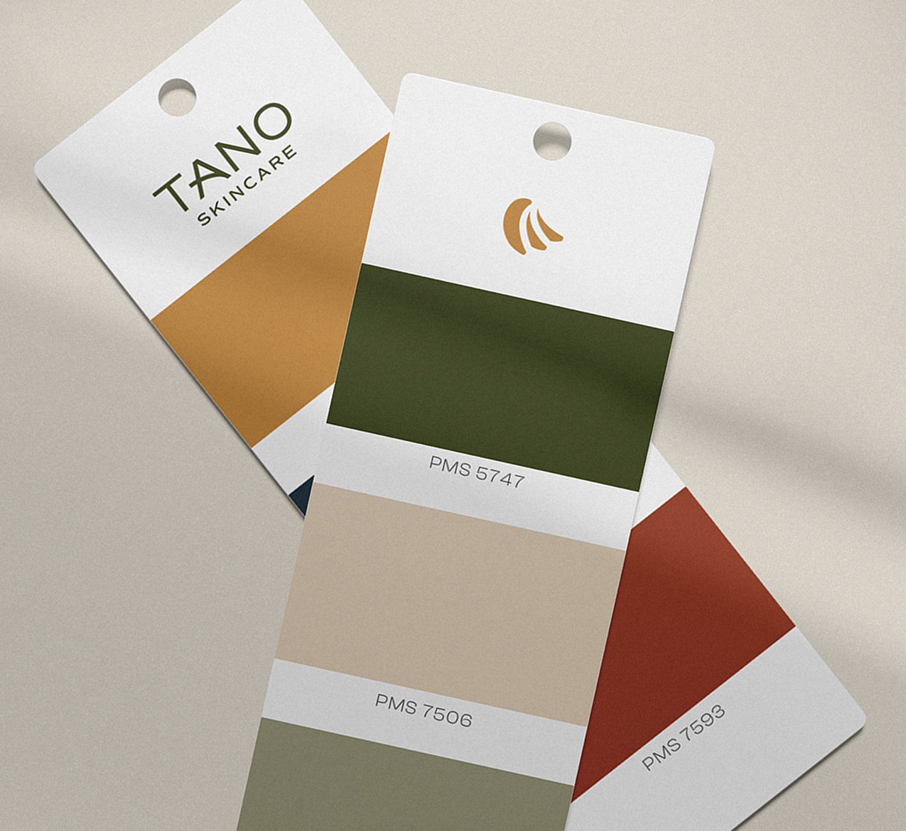 Tano Skincare brand color swatch cards in olive, tan, beige, and terracotta
