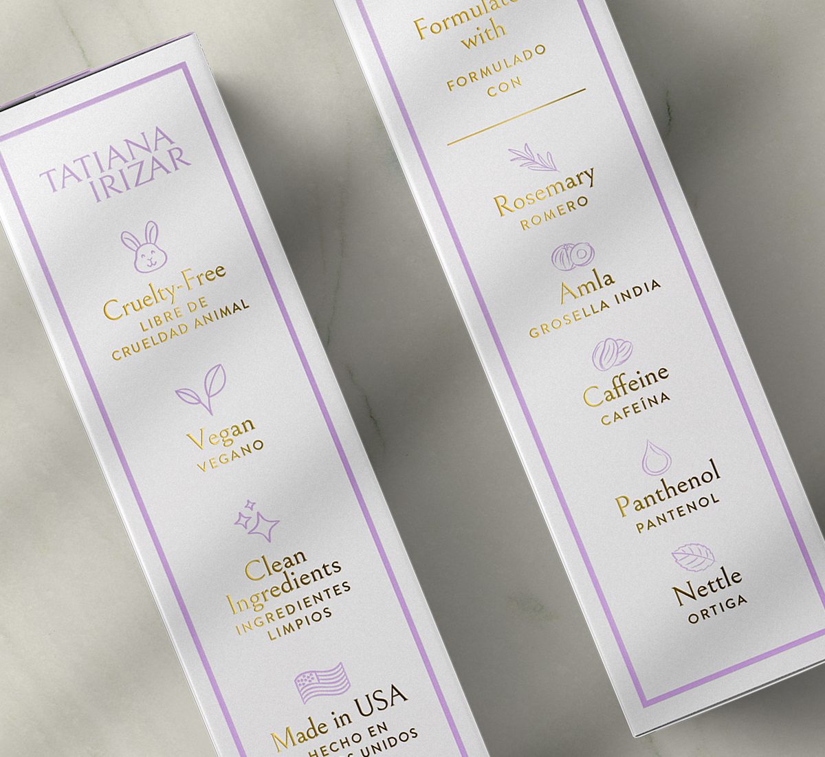 Close-up of Tatiana Irizar bilingual packaging icons, ingredients, and claims