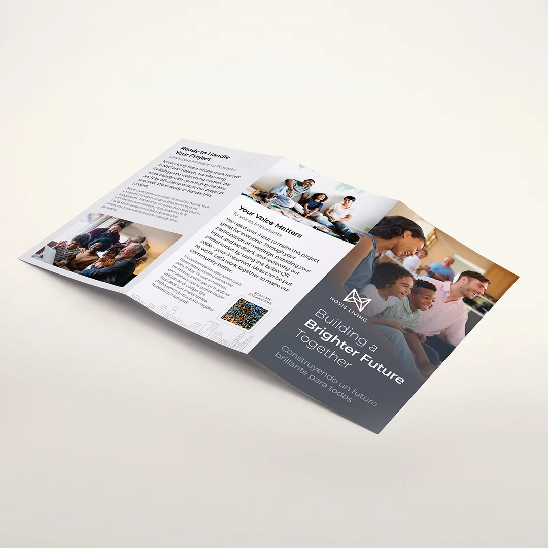 Novis Living bilingual trifold brochure cover and community proposal summary