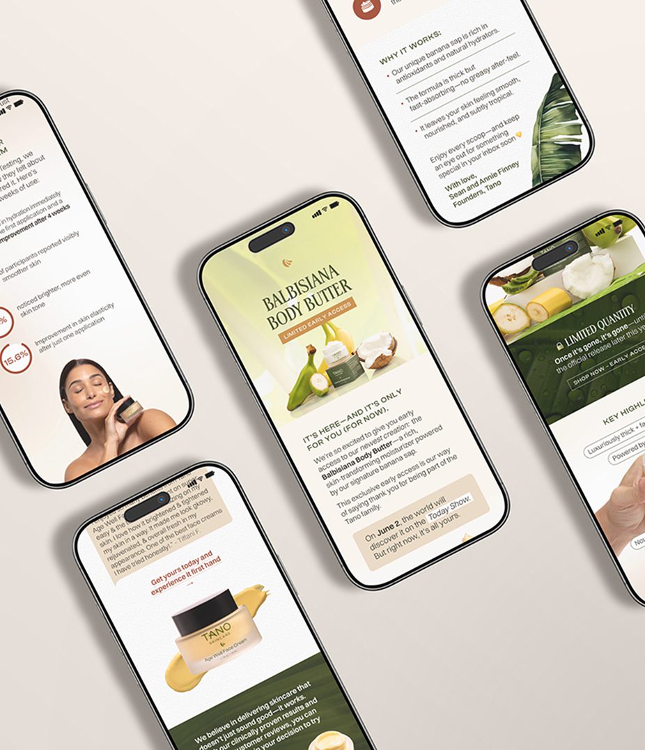Tano Skincare email campaigns and product pages shown on phones