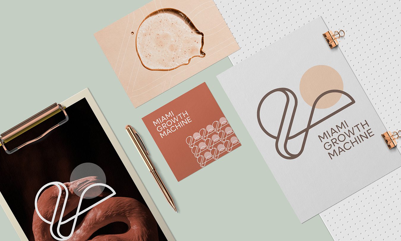 Miami Growth Machine brand identity across stationery, tablet, and printed collateral