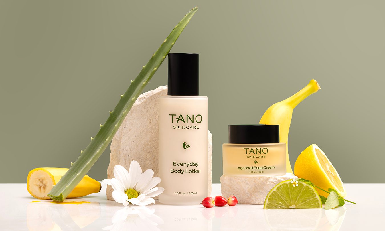 Tano Skincare Everyday Body Lotion and Age Well Face Cream styled with aloe, banana, and citrus
