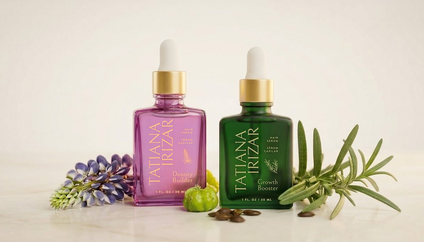 Purple and green Tatiana Irizar hair serum bottles with botanical ingredients