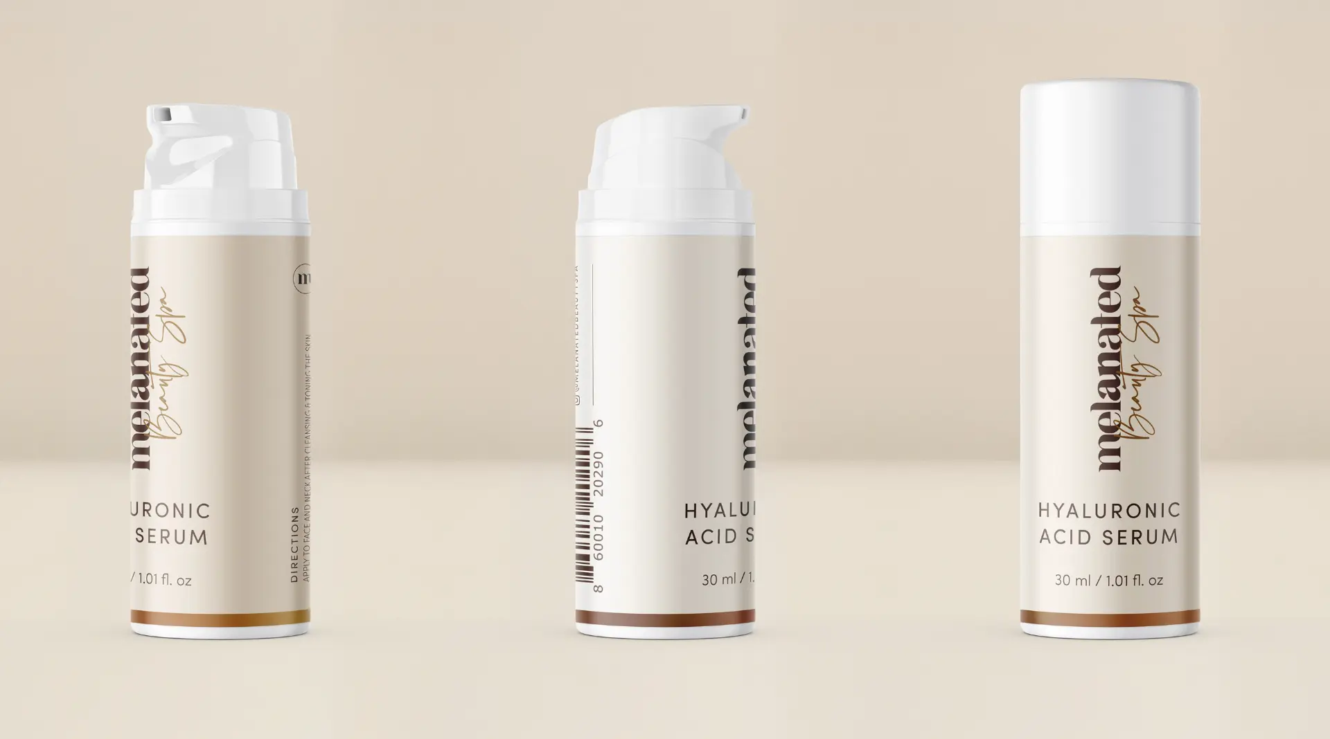 Three coordinated views of Melanated Beauty Spa Hyaluronic Acid Serum packaging