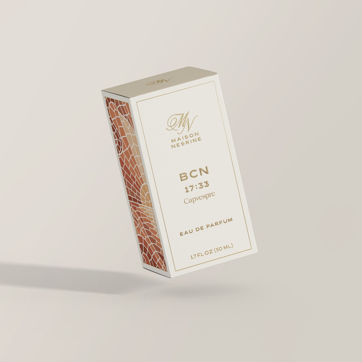 Maison Nesrine BCN 17:33 Capvespre eau de parfum box with terracotta mosaic detail and gold typography