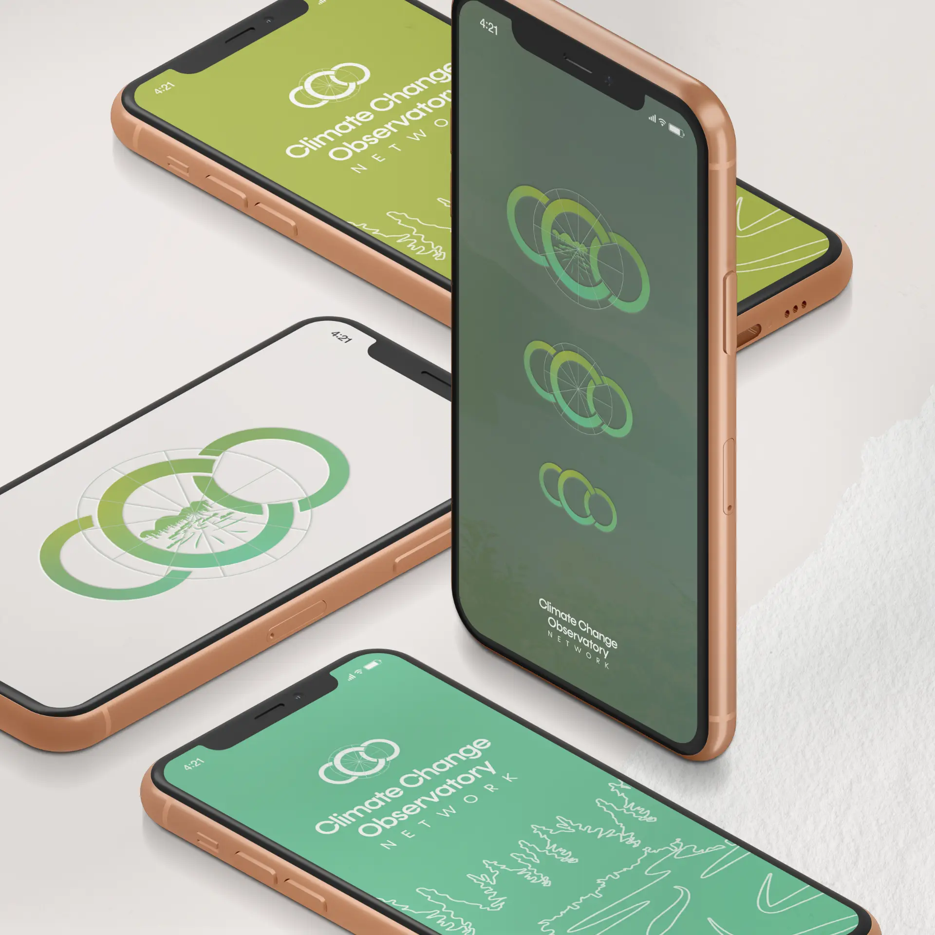 Climate Change Observatory Network app identity shown across multiple mobile screens with green interfaces