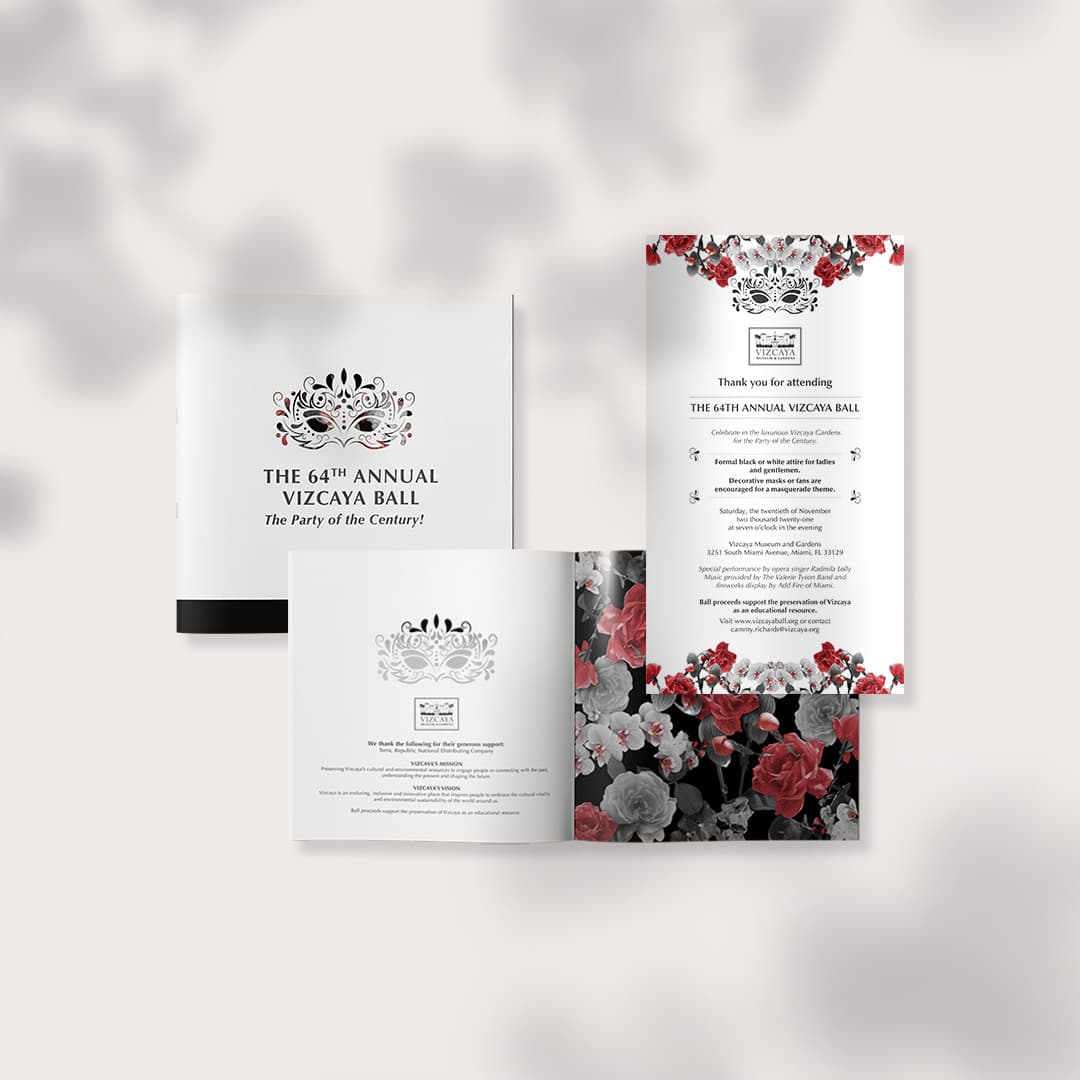 Vizcaya Museum 64th Annual Ball invitation and program with masquerade mask motif and floral details