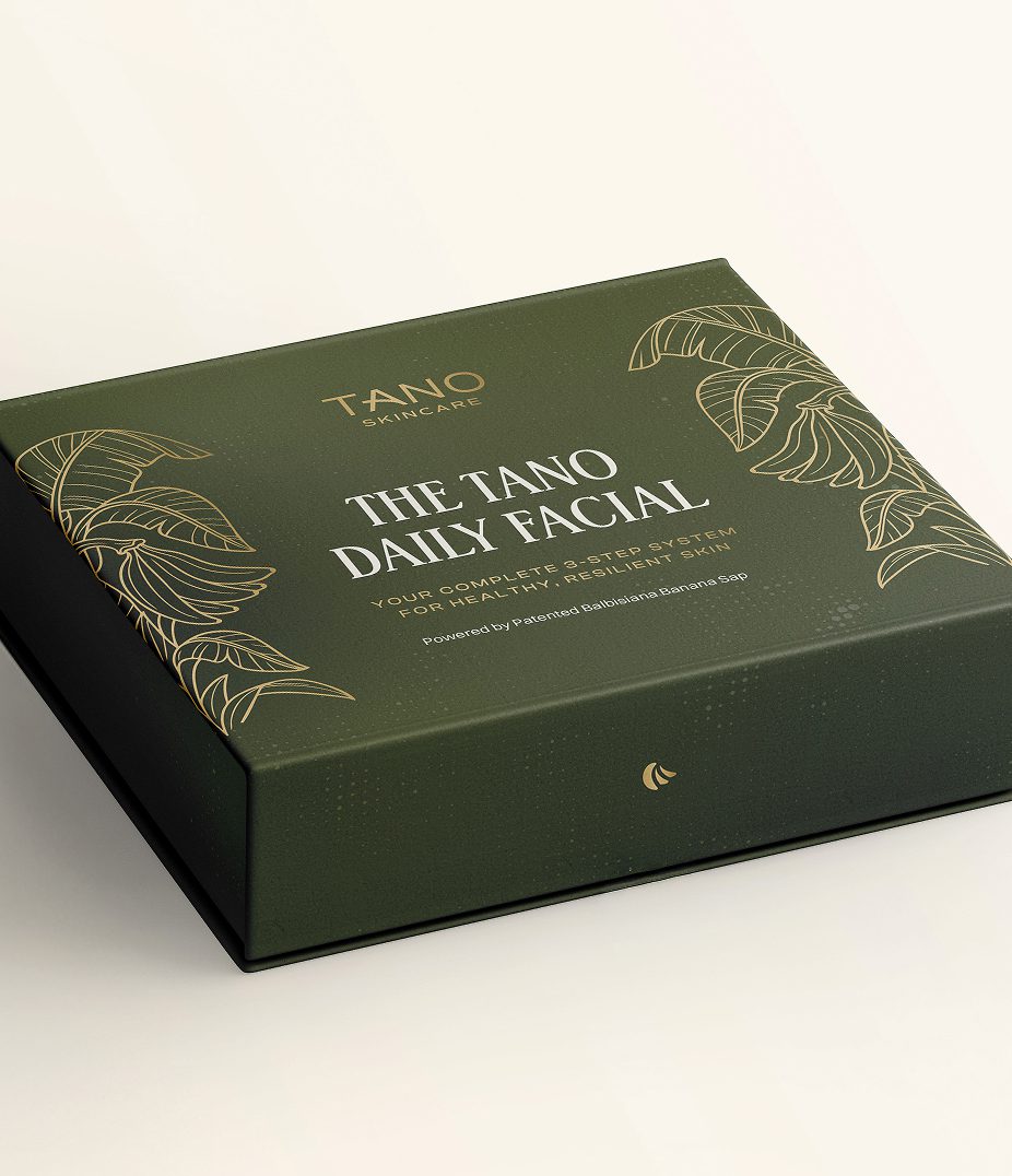 Tano Skincare Daily Facial premium gift box with gold banana leaf illustrations