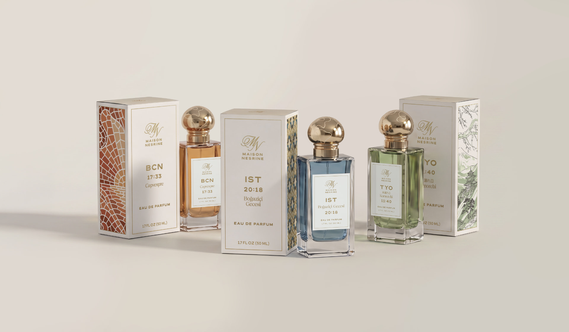 Maison Nesrine fragrance bottles and packaging in BCN, IST, and TYO editions