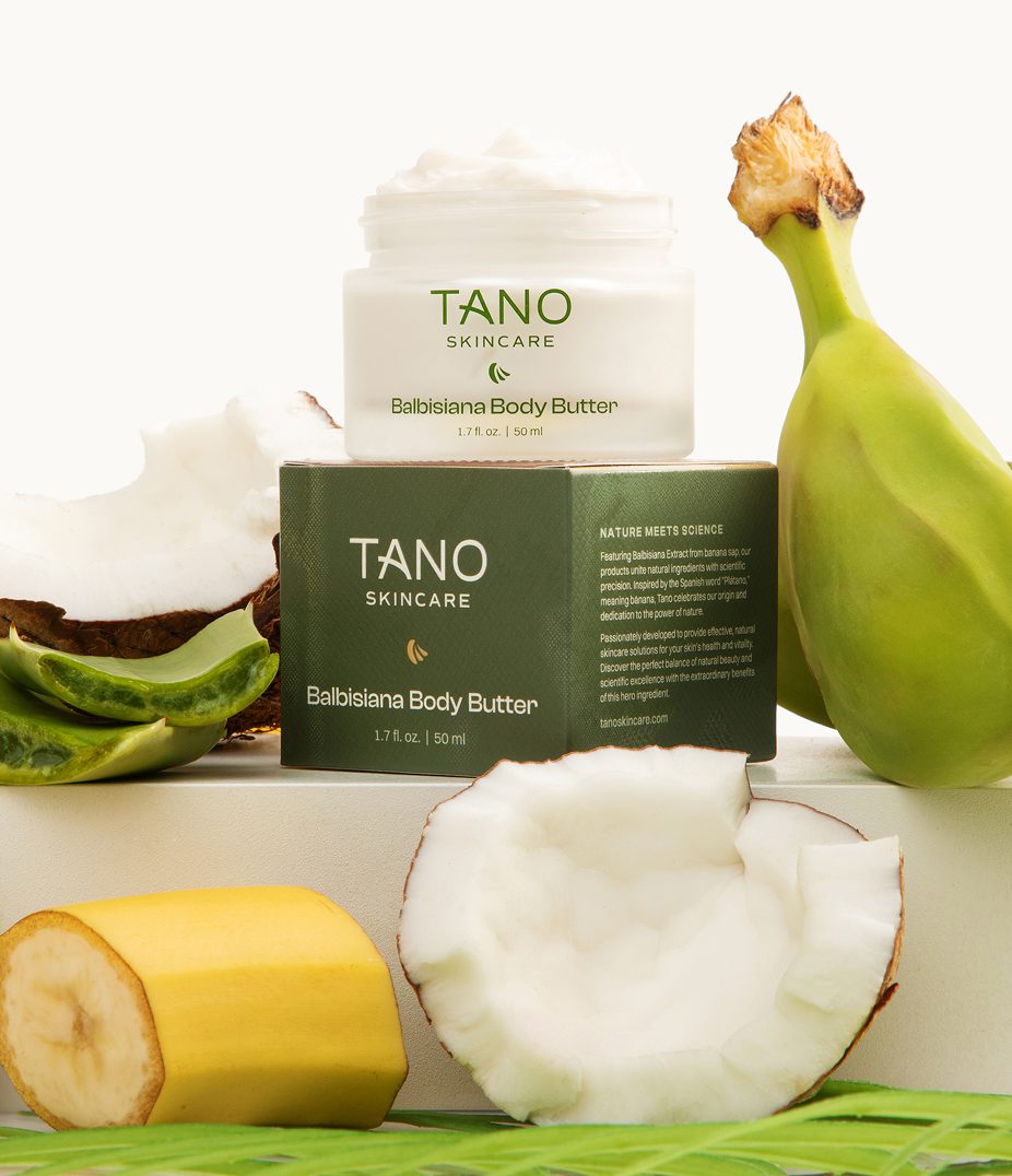 Tano Skincare Balbisiana Body Butter jar and box with banana and coconut