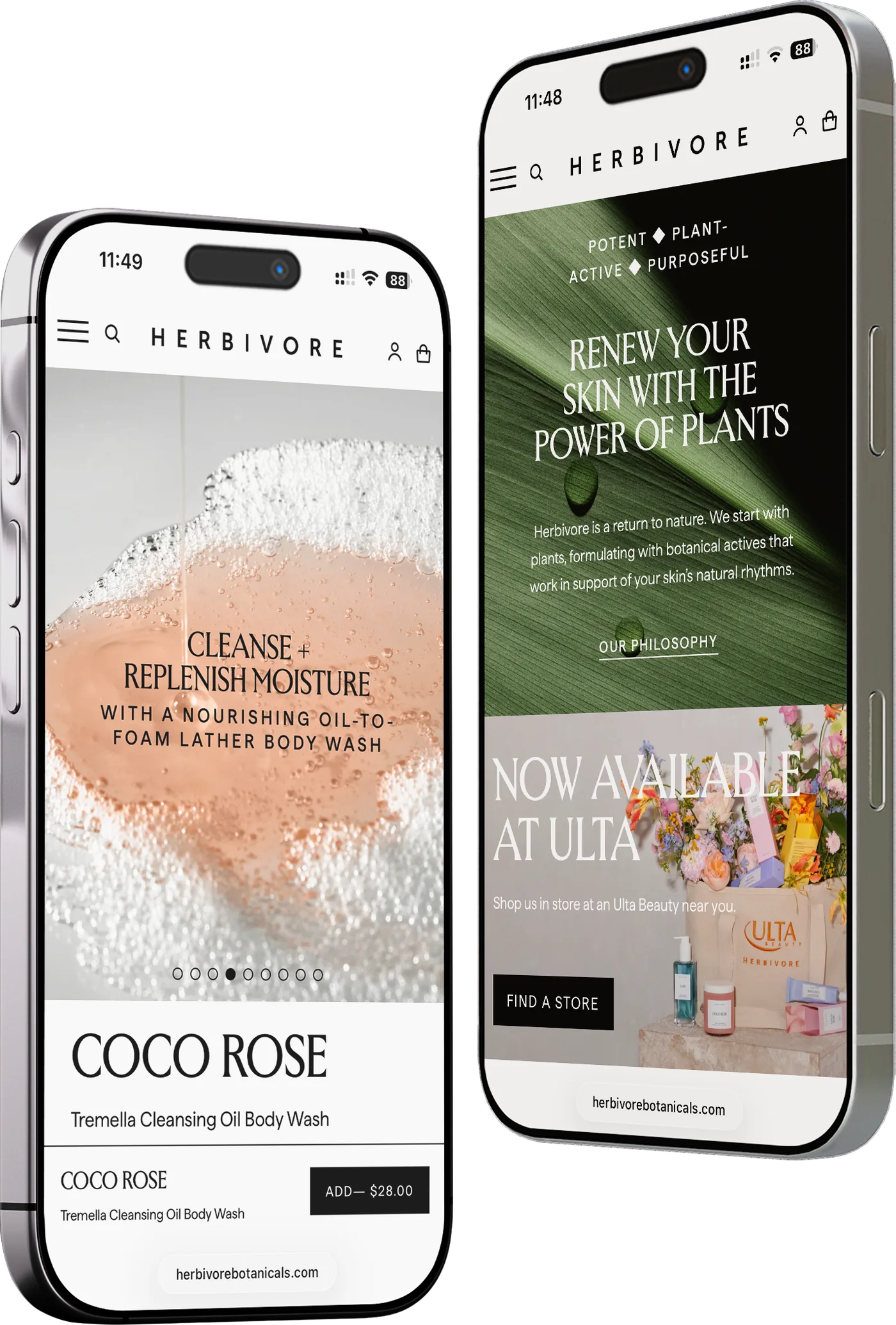 Herbivore's current mobile homepage shown on two phones