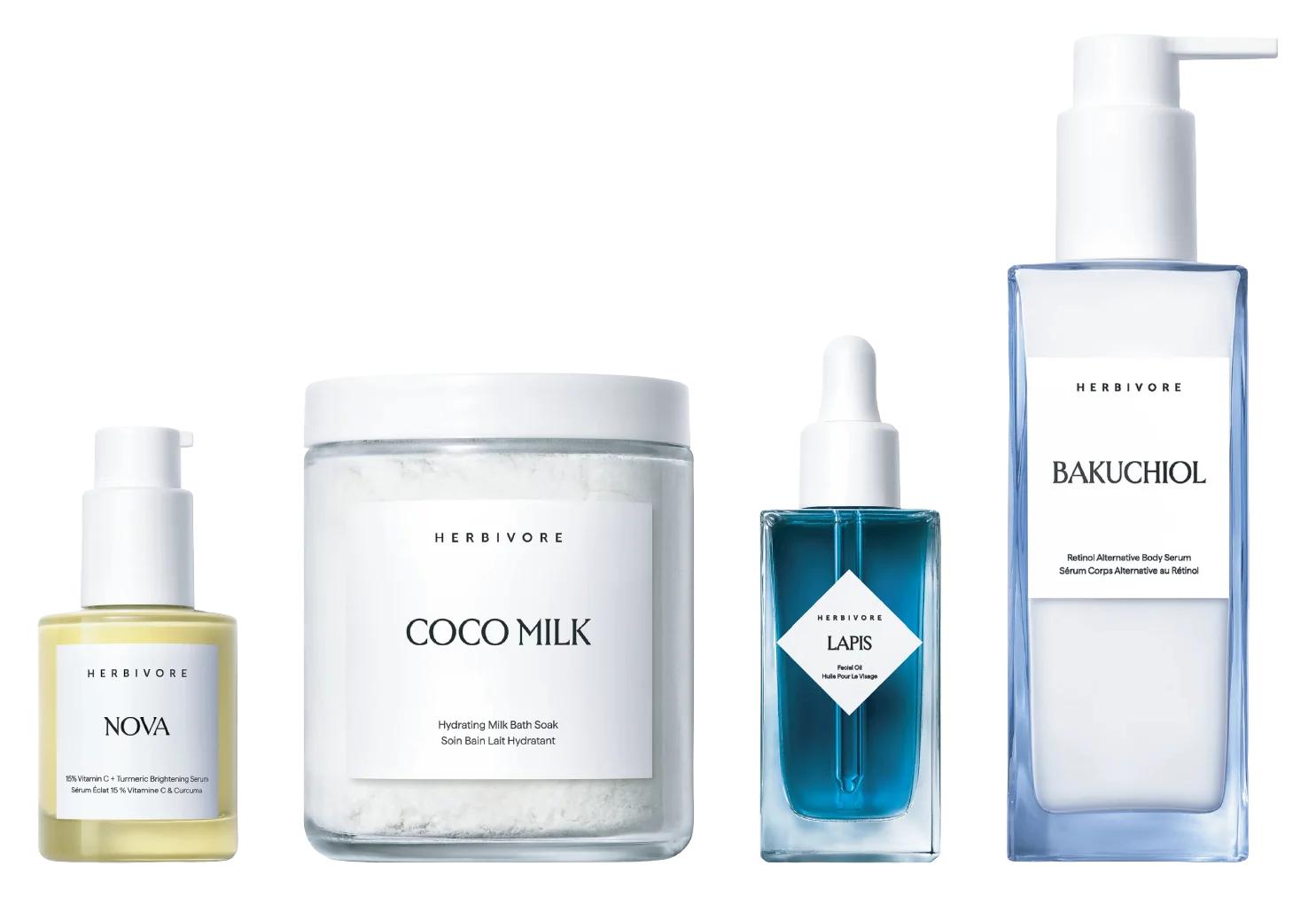 Herbivore Nova, Coco Milk, Lapis and Bakuchiol products lined up