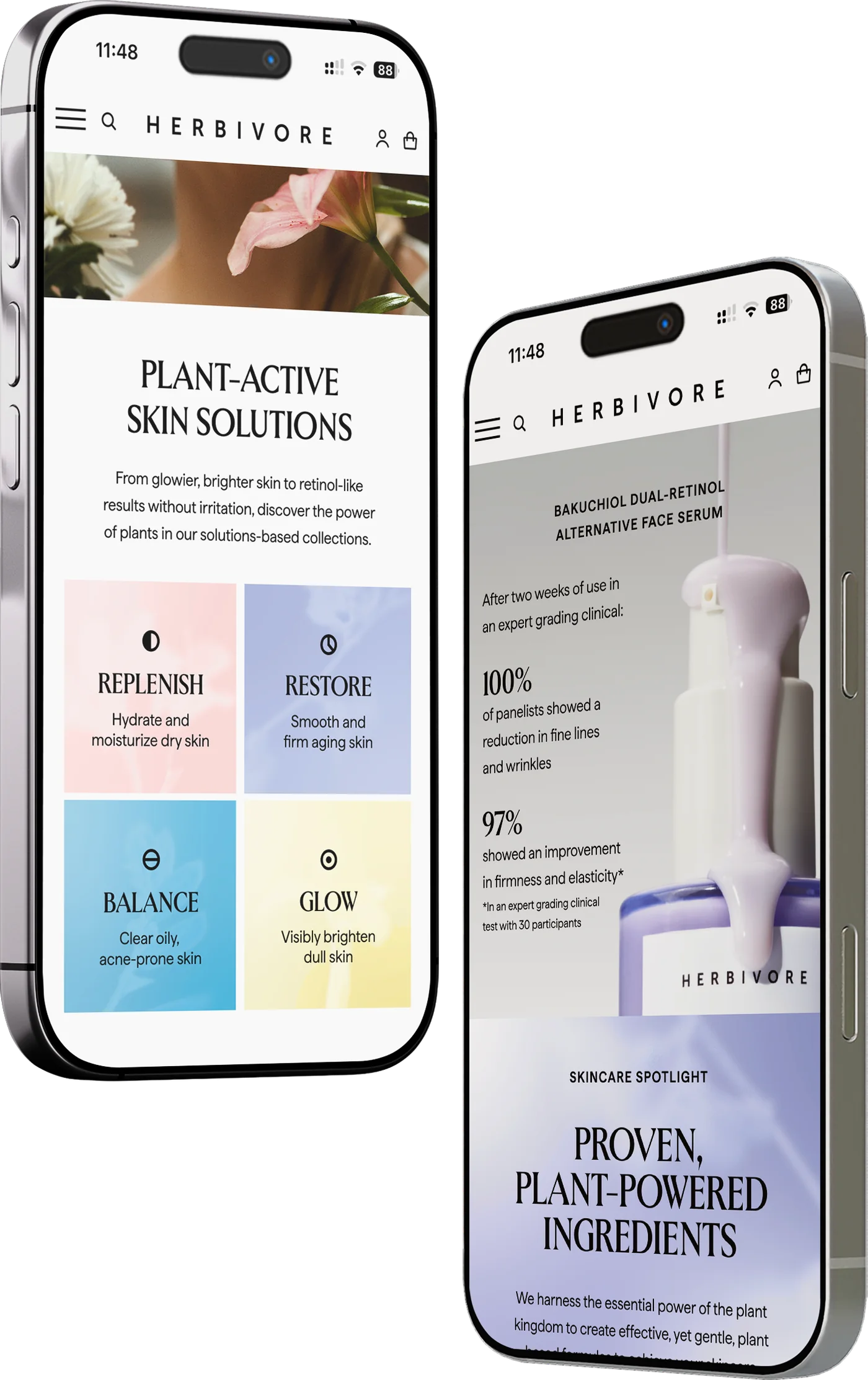 Redesigned Herbivore mobile homepage shown on two phones