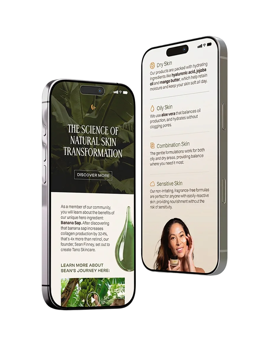 Tano Skincare mobile experience shown on two phones