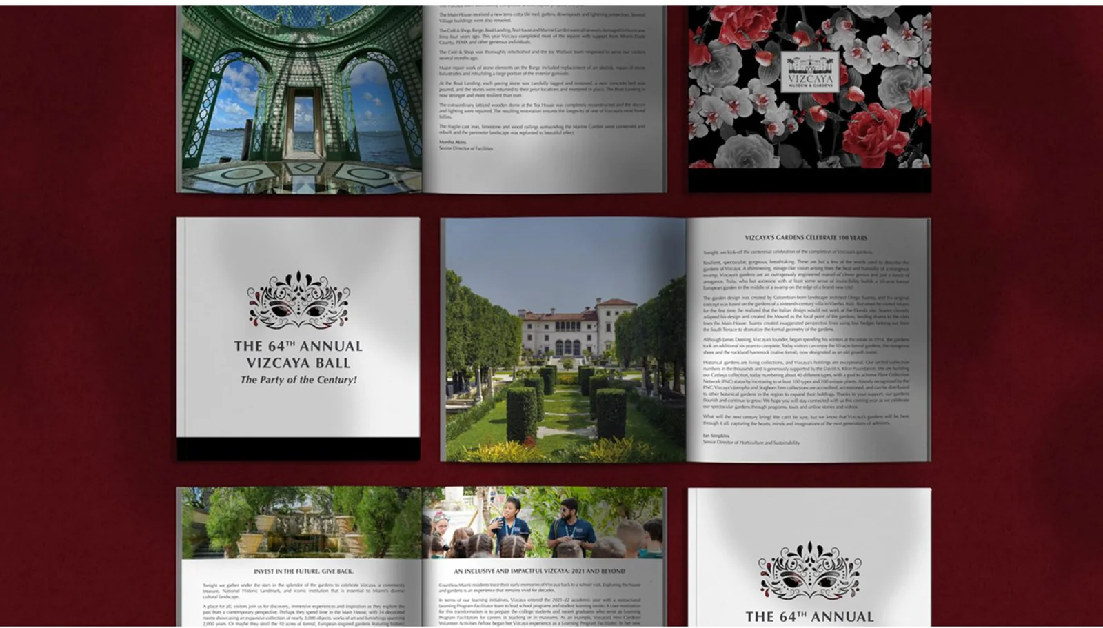 Vizcaya Ball gala identity and printed materials on a burgundy background