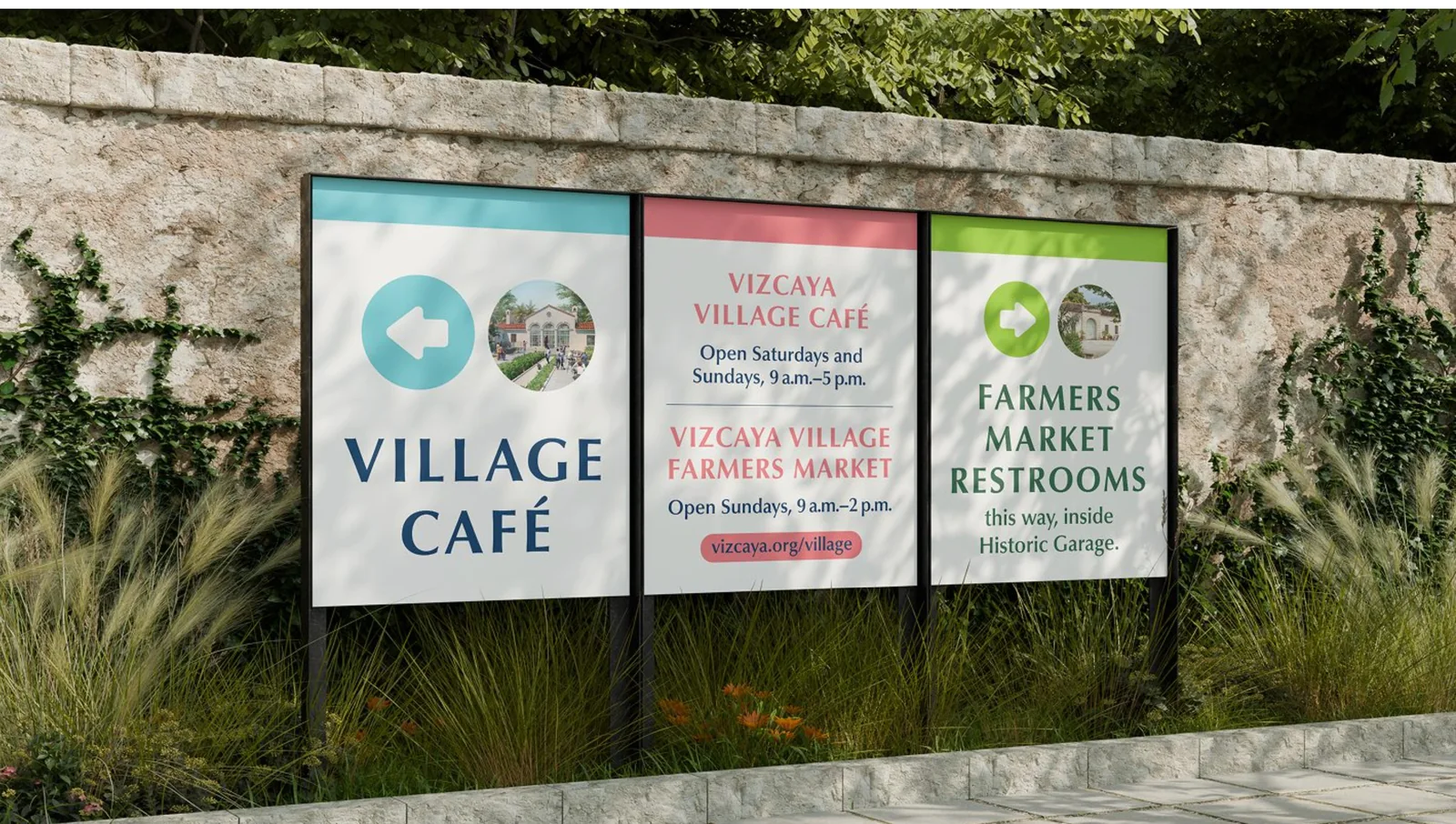 Vizcaya wayfinding signage with custom icons mounted on a stone garden wall