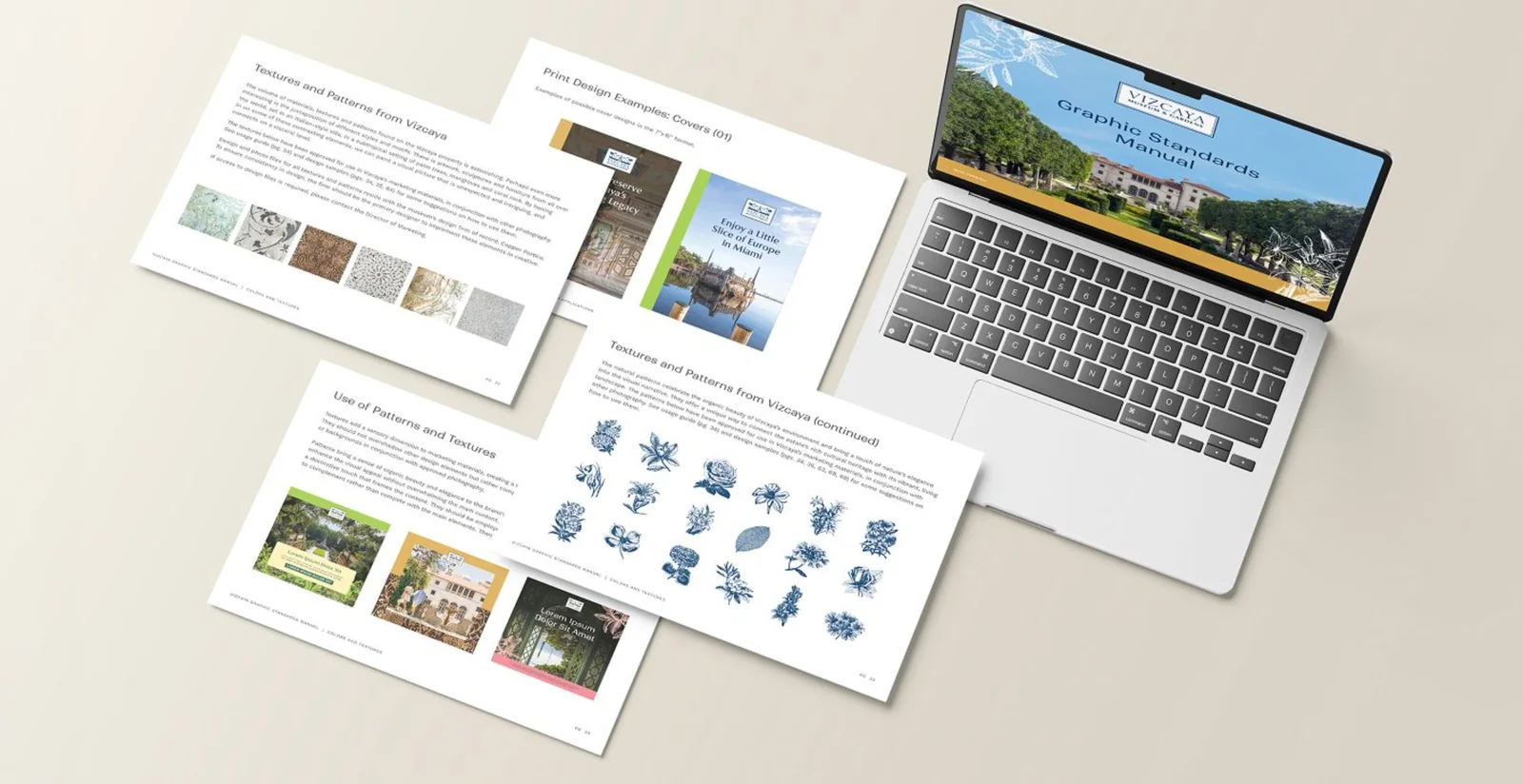 Vizcaya graphic standards manual and brand guidelines shown with a laptop
