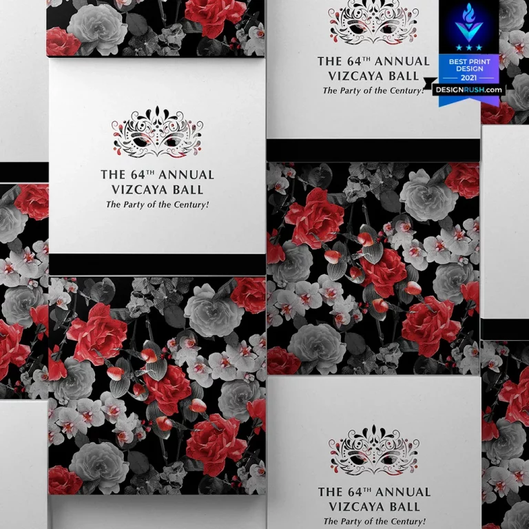 Picture of several Ball Invitations with the visual identity of Vizcaya Gala Ball - a beautiful pattern of black, white & red roses.